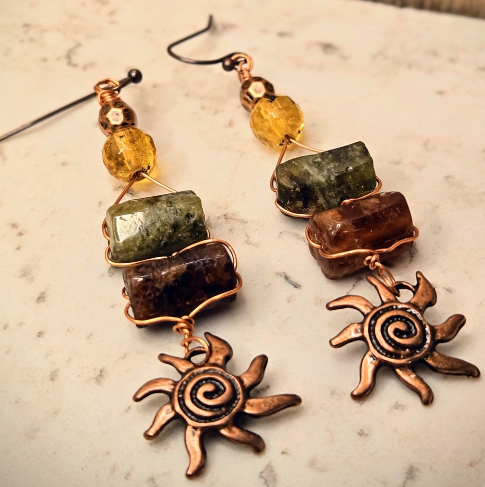 Nile Priestess' Sacred Green & Brown Garnets In Antique Copper Artisan Earrings - Picture 5 of 10